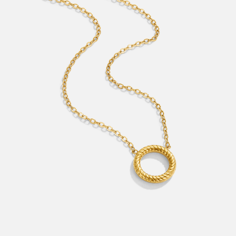 Avery Circle Pendant Necklace, gold chain necklace with twisted open circle pendant on white