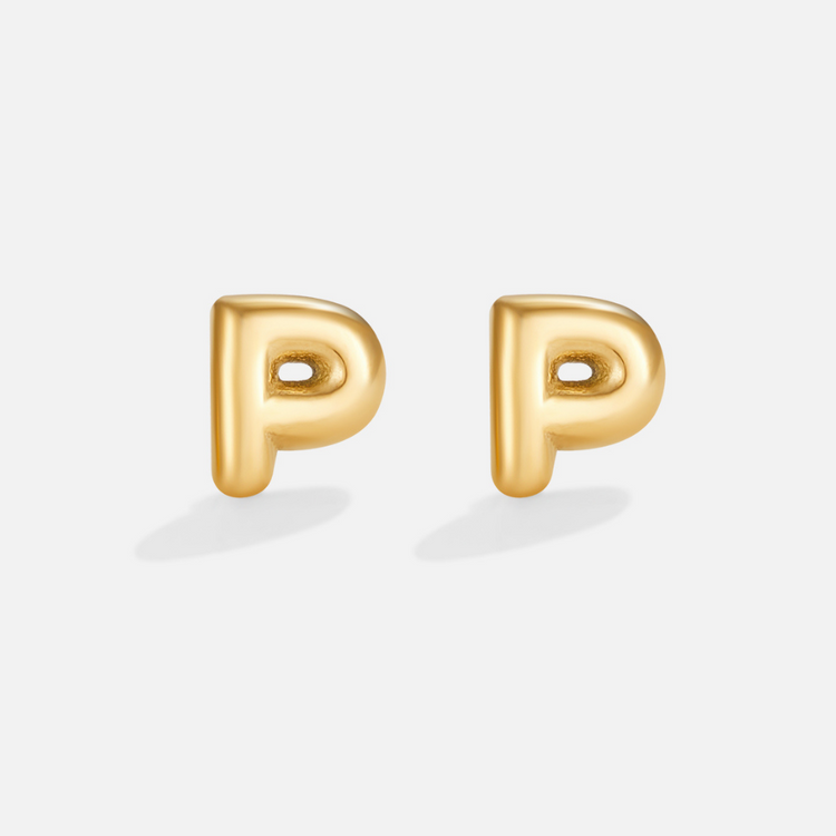 Gold Bubble Letter Earrings, pair of puffy gold letter P studs on a plain light background