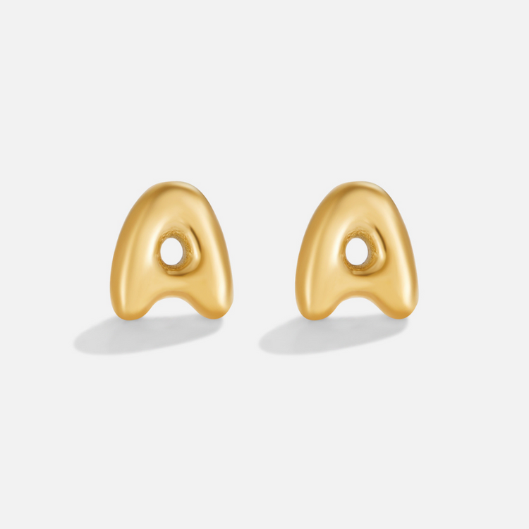 Gold Bubble Letter Earrings, pair of glossy gold puffed letter A stud earrings on white