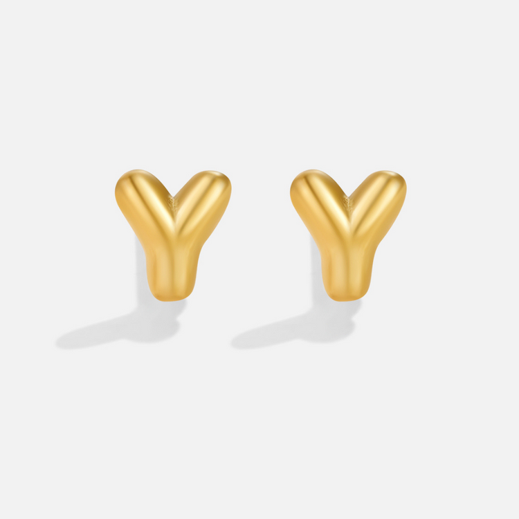 Gold Bubble Letter Earrings, pair of glossy gold Y-shaped stud earrings on a plain white background