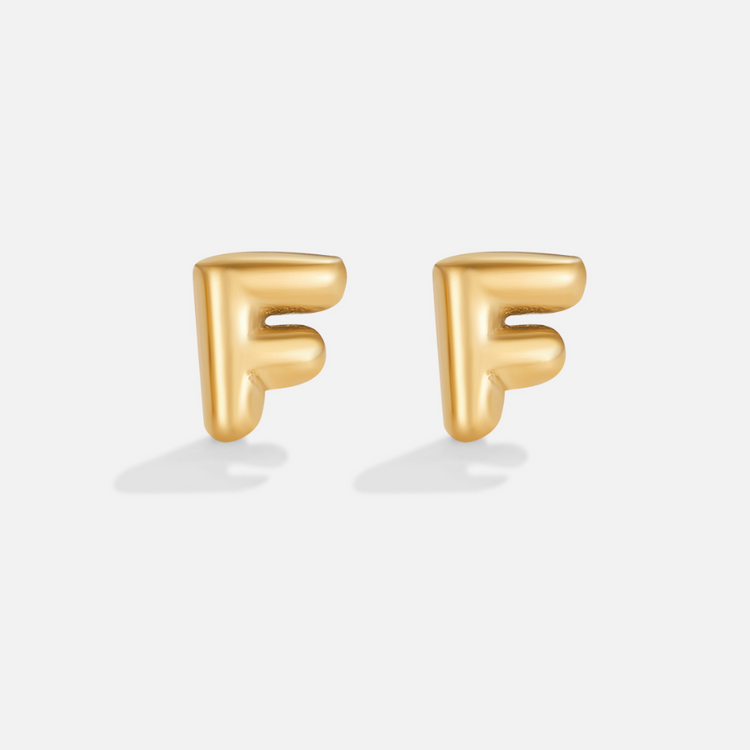 Gold Bubble Letter Earrings, pair of puffy gold letter F studs on a light grey background