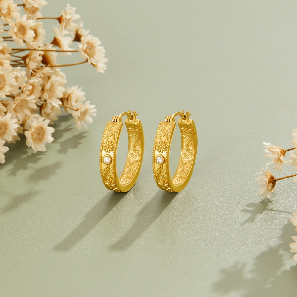 Golden Sculpted Flower Hoop Earrings