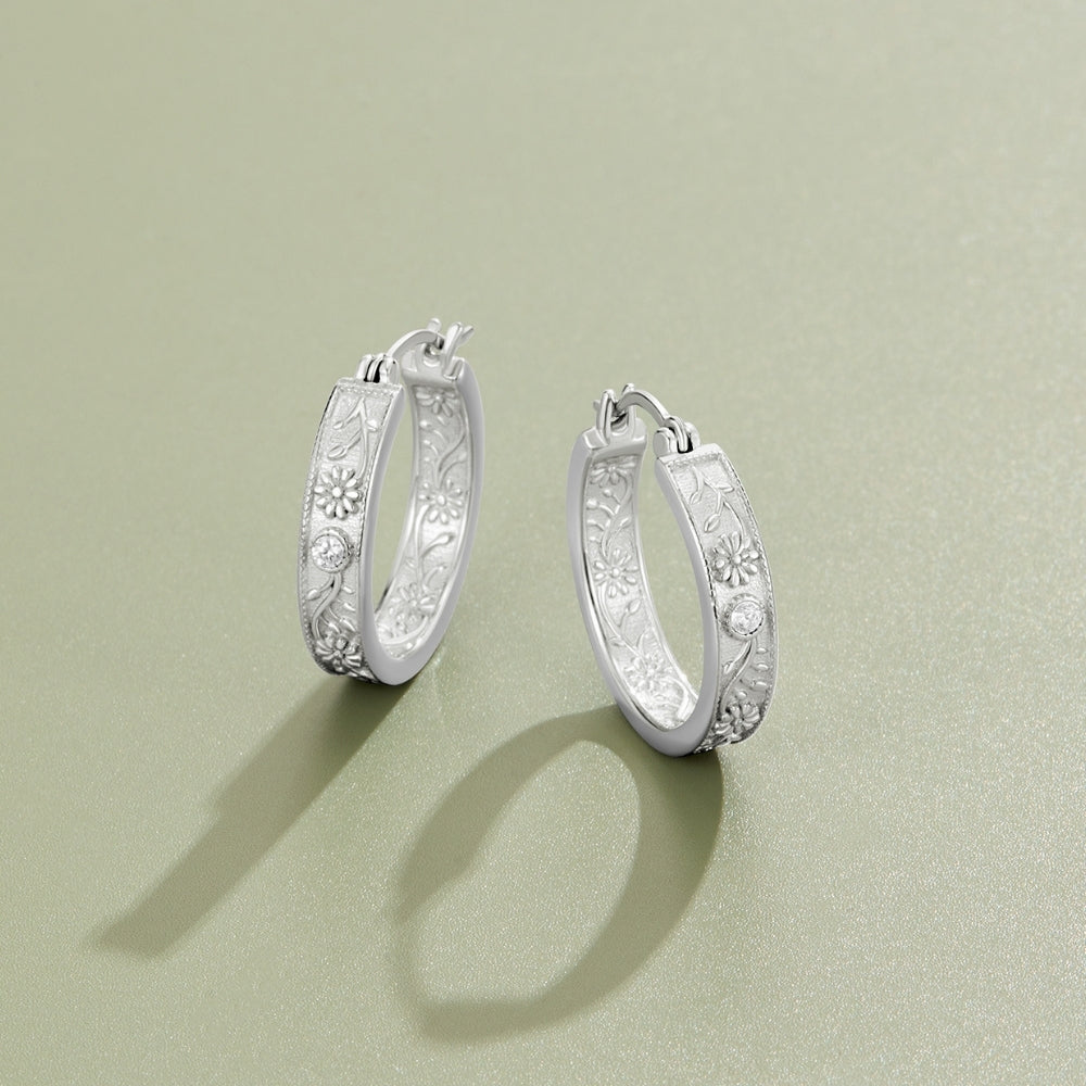 Silver Sculpted Flower Hoop Earrings
