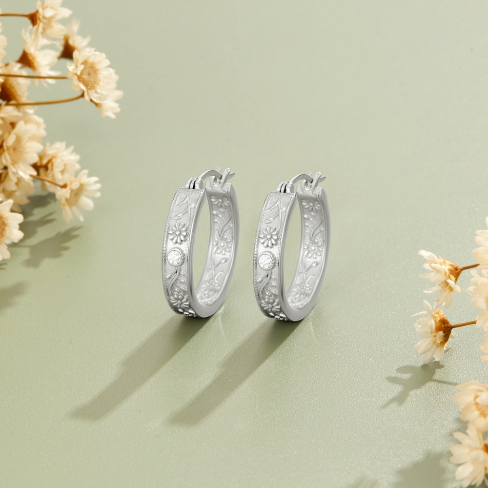 Silver Sculpted Flower Hoop Earrings