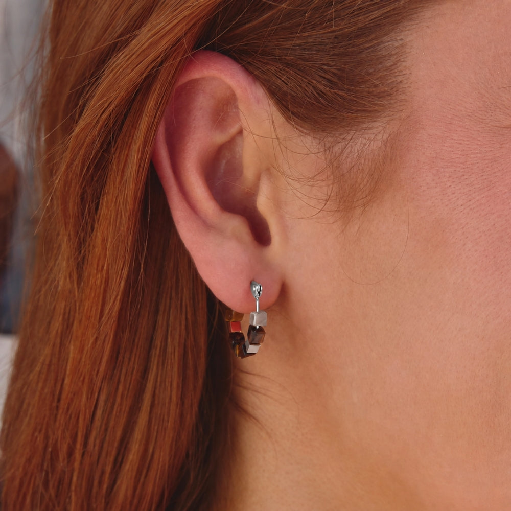 Silver Tiger Eye Cube Hoop Earrings