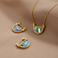 Amalfi Turquoise Jewelry Set, pair of hoop earrings and a pendant necklace on beige fabric