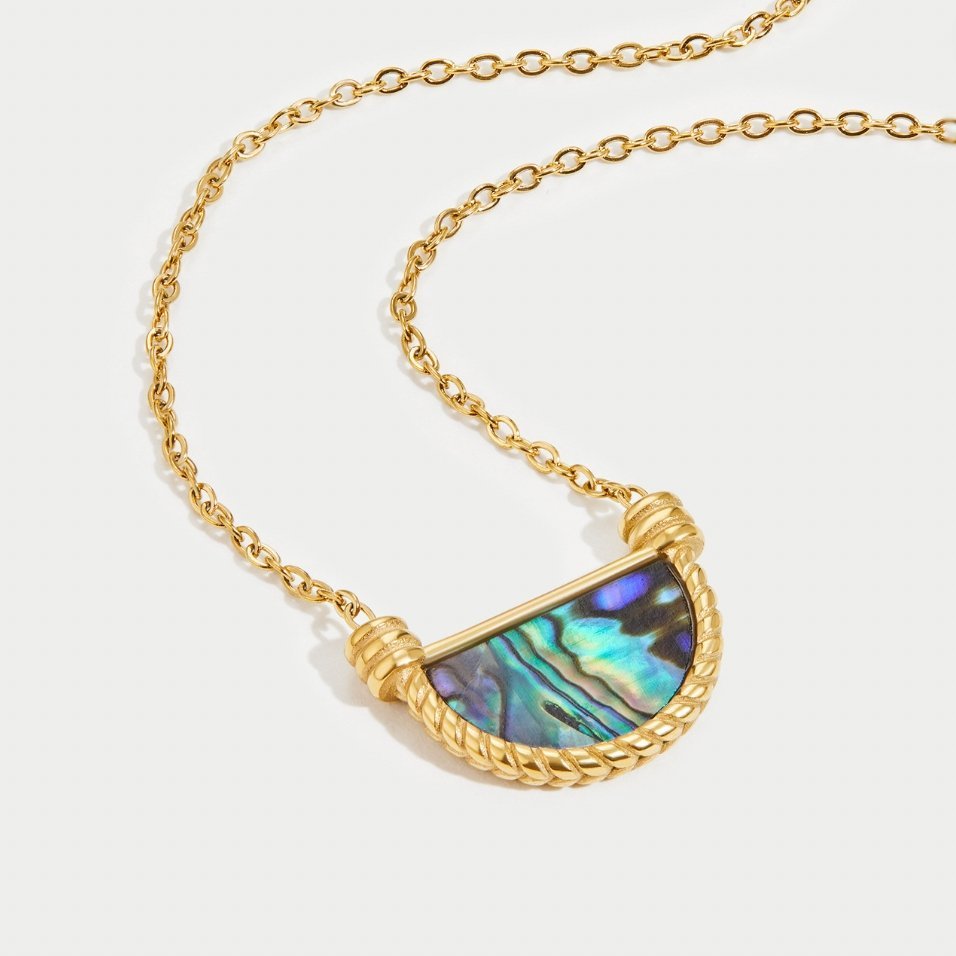 Amalfi Turquoise Jewelry Set, gold chain necklace with half-moon abalone pendant on white