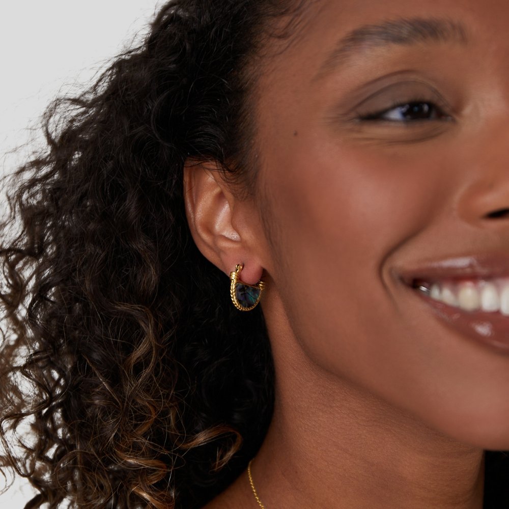 Amalfi Turquoise Shell Necklace, worn on an ear, gold hoop with dark iridescent shell