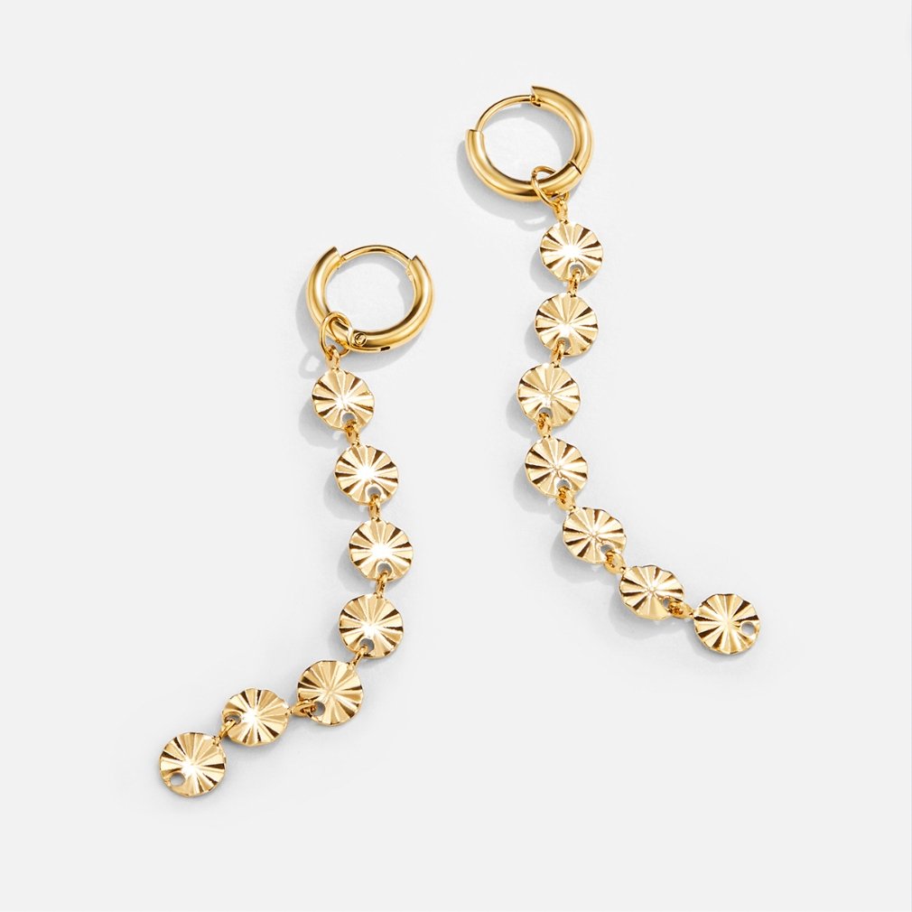 Amari 18K Gold Disc Earrings, pair of gold hoops with cascading textured discs on white