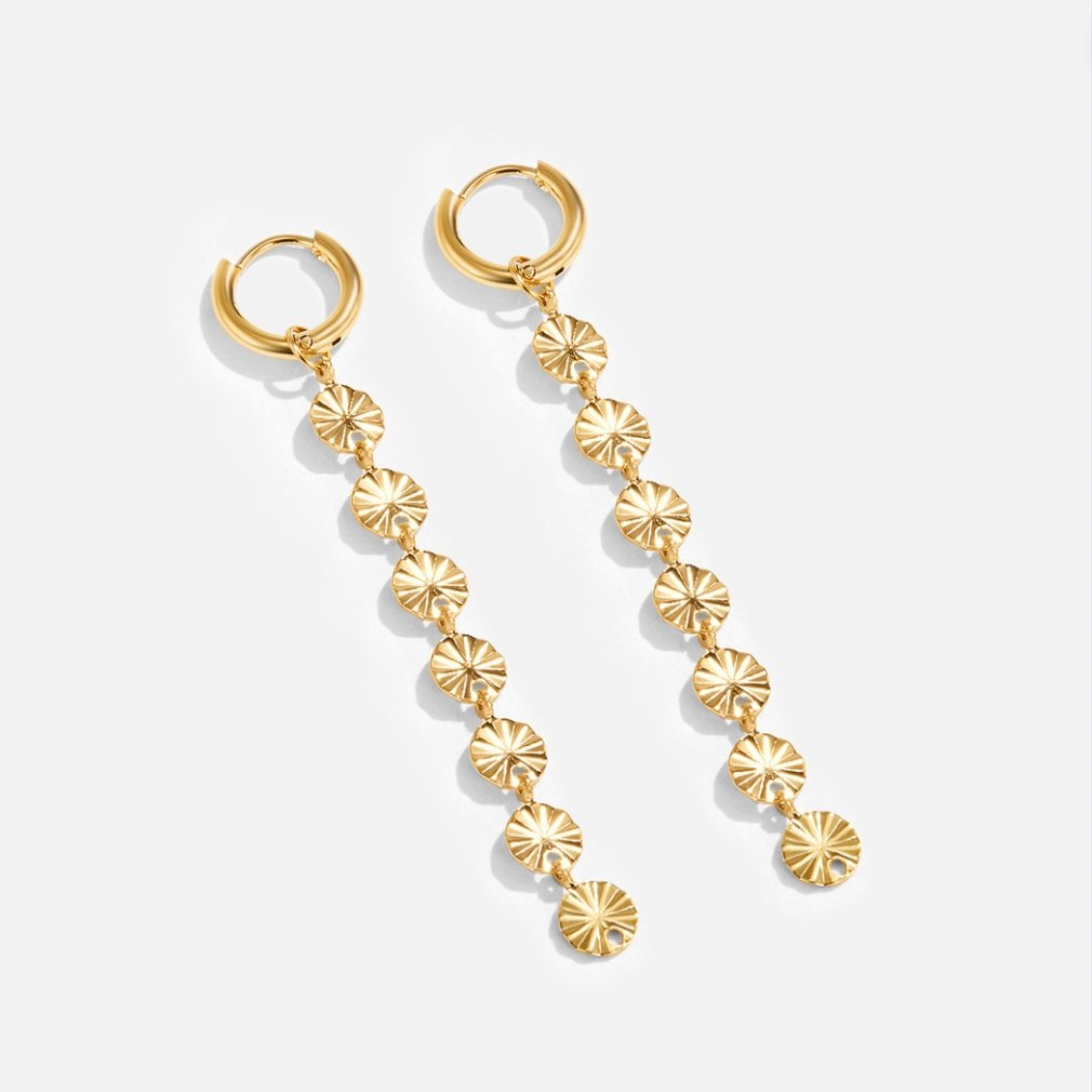Amari 18K Gold Disc Earrings, pair of gold hoop earrings with long chains of textured discs