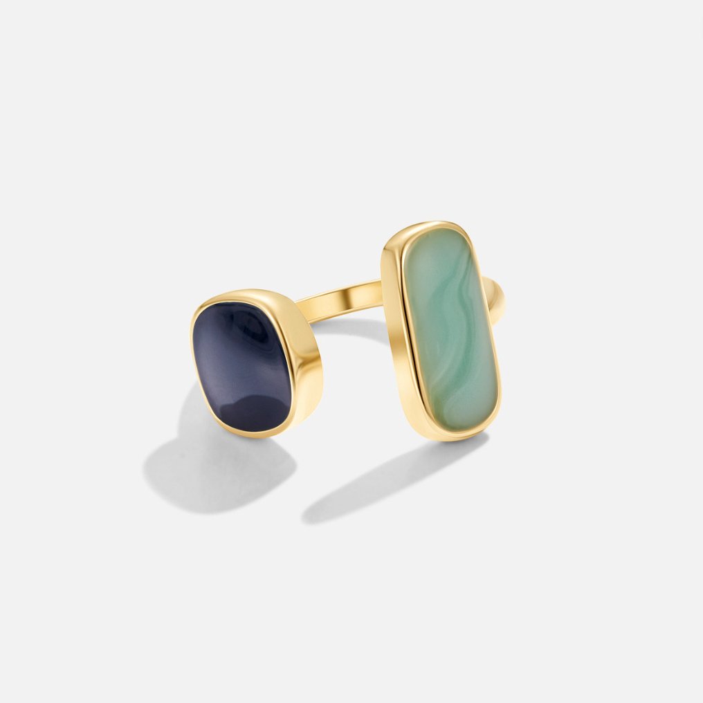 Aquamarine Wrap Ring, open gold ring with a navy stone and a pale green stone on white