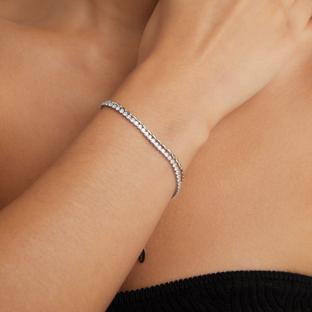 Arelia Crystal Silver Bracelet, worn on a wrist, double row of sparkling stones