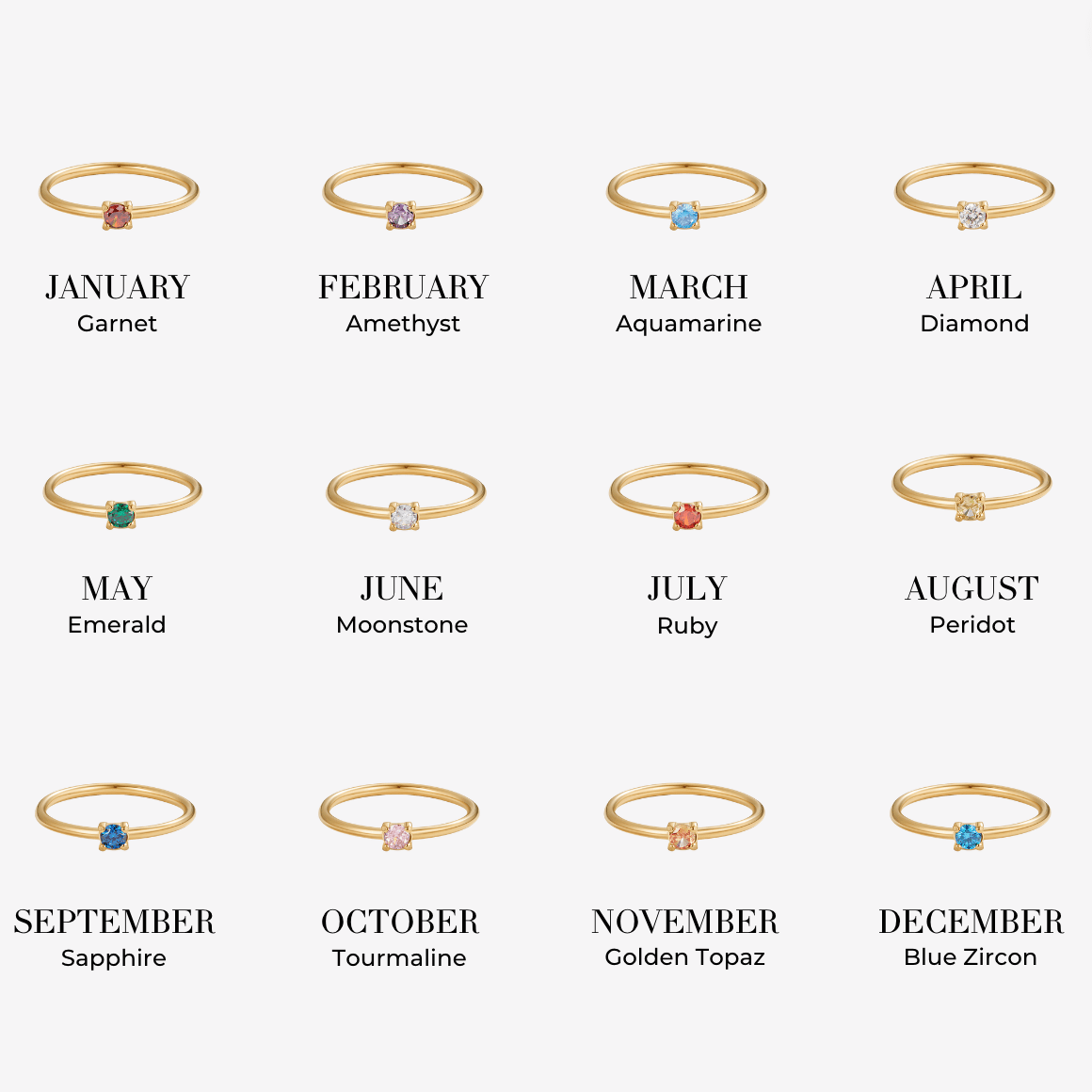 Birthstone 18K Gold Rings, twelve gold rings in a grid, each with a birthstone and month label