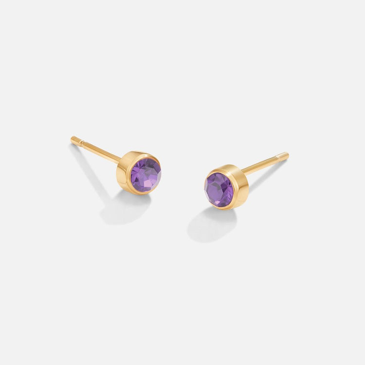 Birthstone Stud Earrings, pair of stud earrings with round purple stones in gold bezels