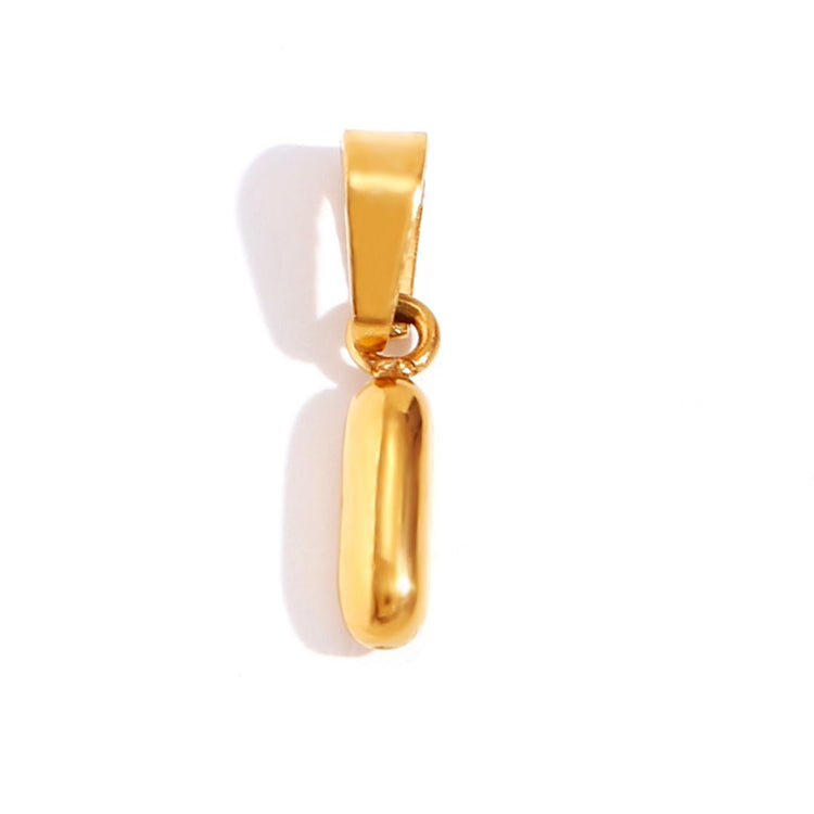 Bubble Letter Necklace, single gold pendant with a bail and jump ring, on white background