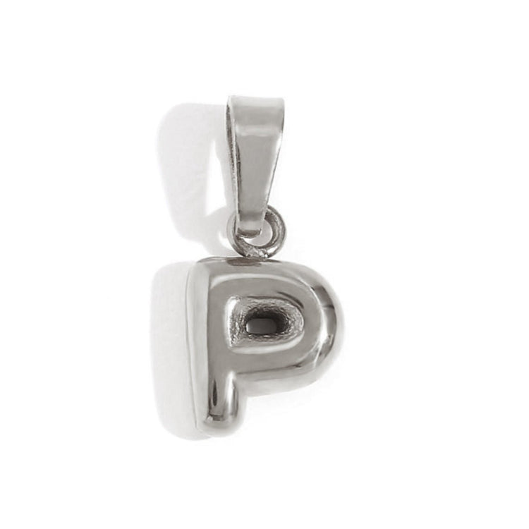 Bubble Letter Necklace, close-up of a polished silver bubble letter P pendant with a bail