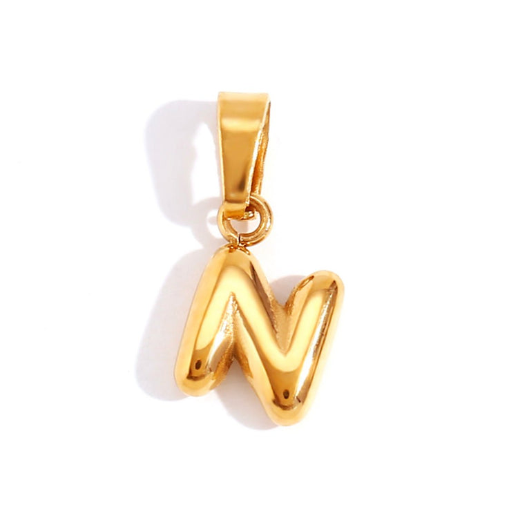 Bubble Letter Necklace, gold bubble-letter N pendant on a bail, shown on white
