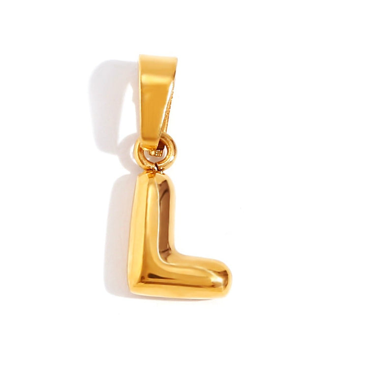 Bubble Letter Necklace, gold bubble letter L pendant on a white background
