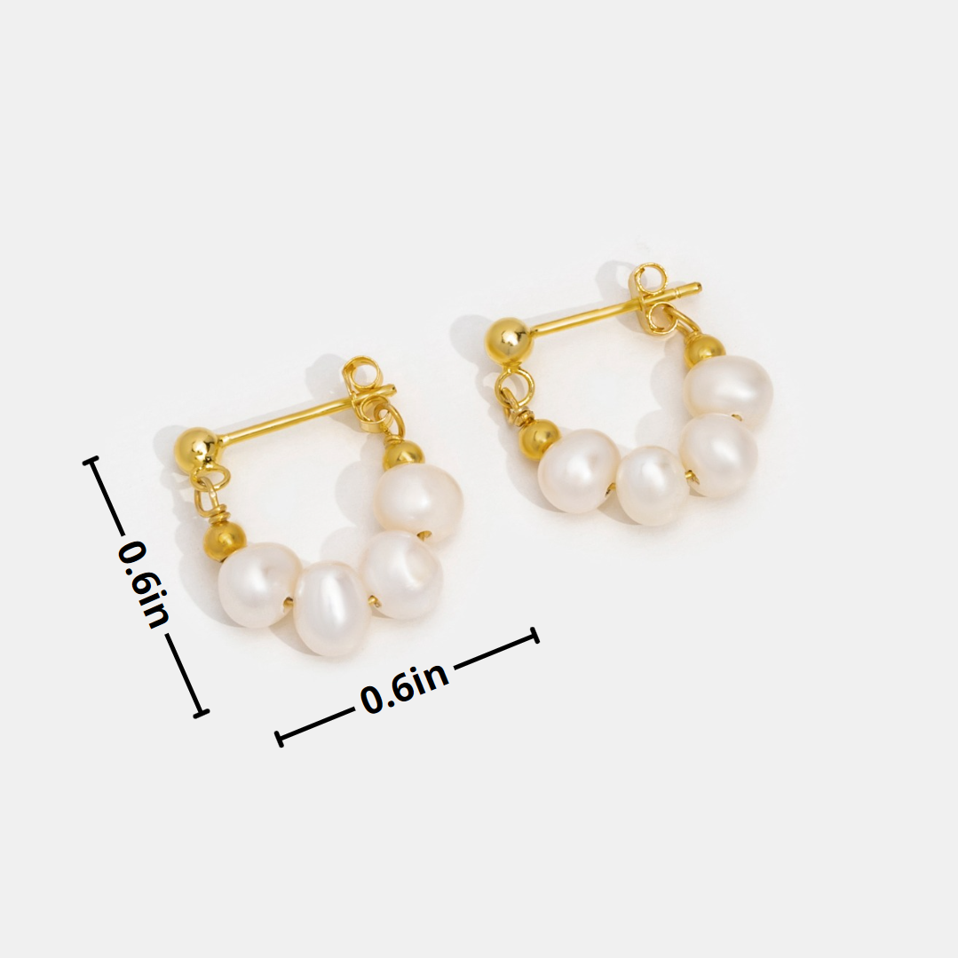 Celine Pearl Hoop Earrings, pair of gold hoop earrings with pearls, dimension lines marked