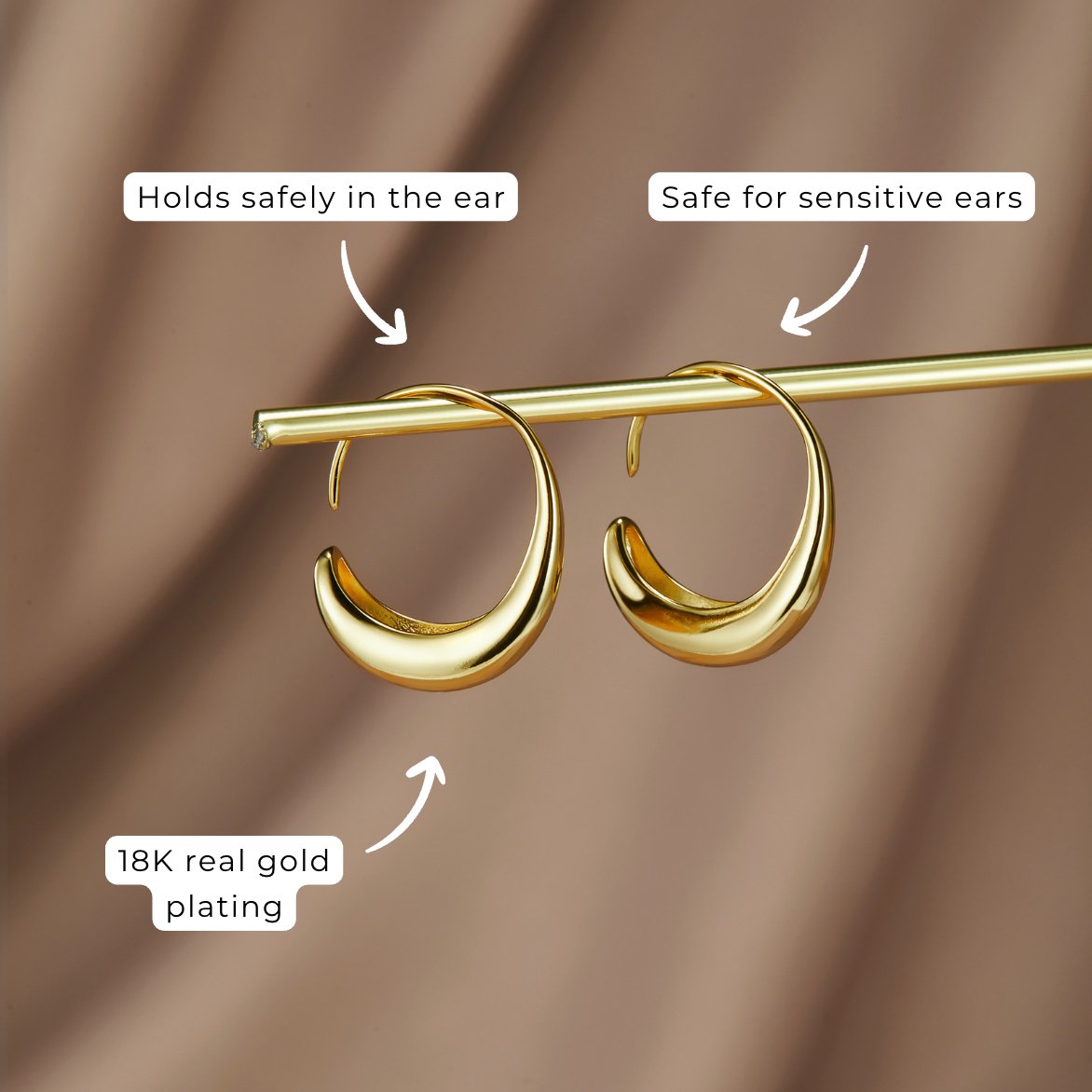 Classic Drop Hoop Earrings, two gold hoop earrings hanging from a gold rod, with callout labels