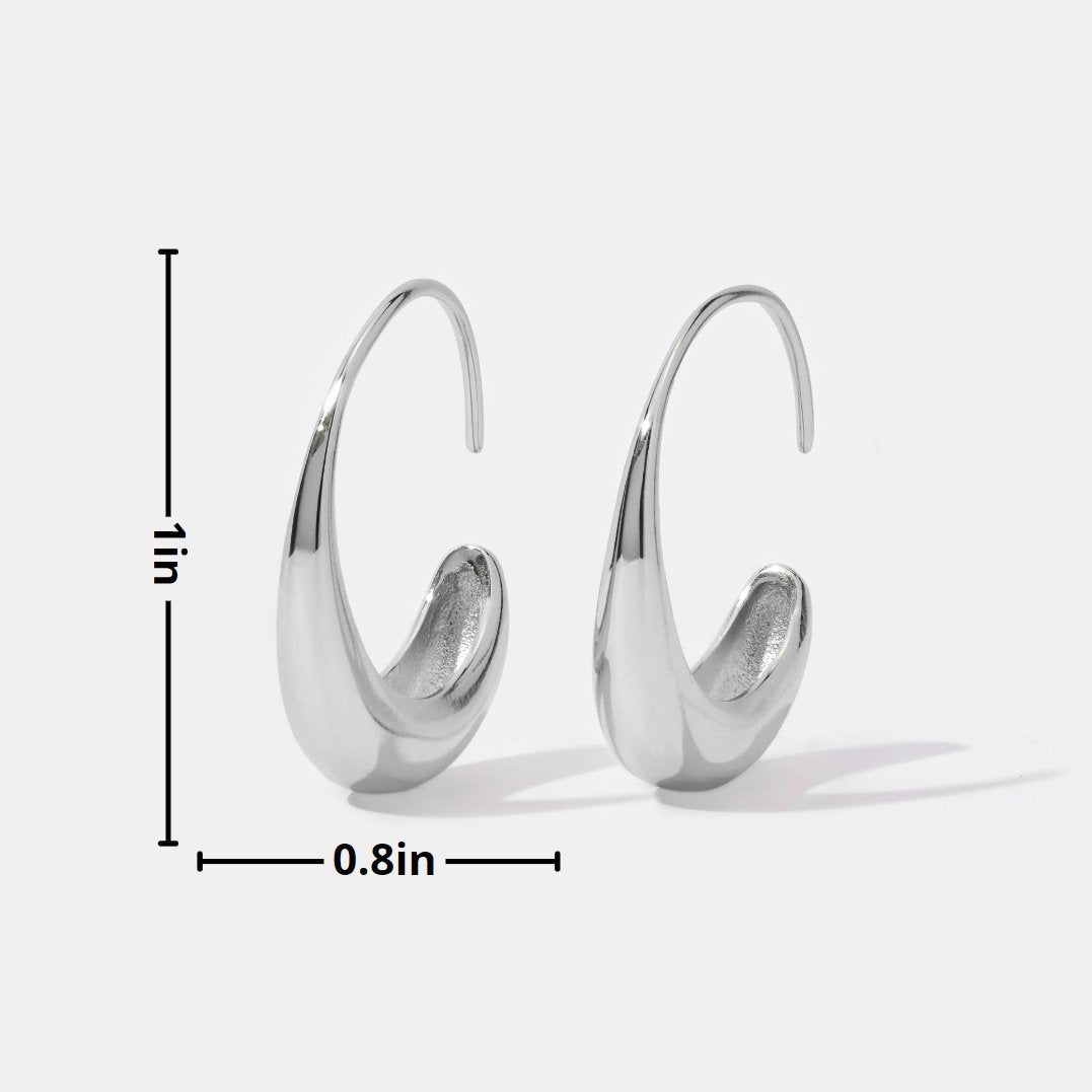 Classic Silver Drop Hoop Earrings, pair of polished silver hoops on white, with size lines