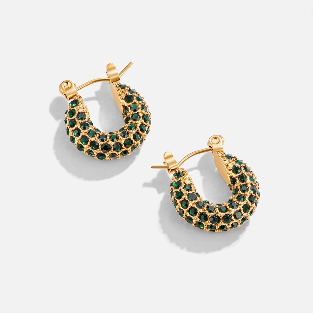 Emerald Beauty Hoop Earrings, pair of gold hoops set with green stones, on a plain background