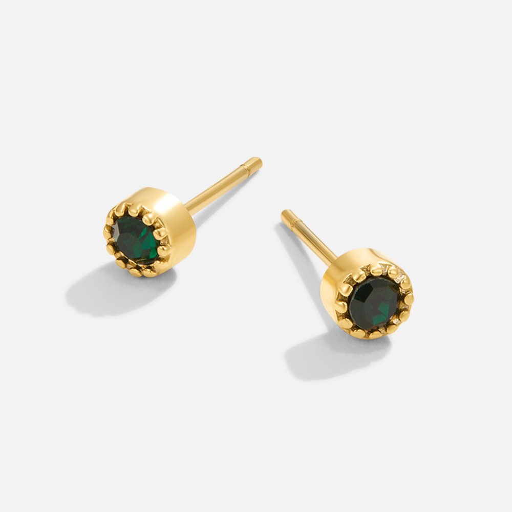 Emerald Green Stud Earrings, pair of gold stud earrings with dark green stones, on a plain