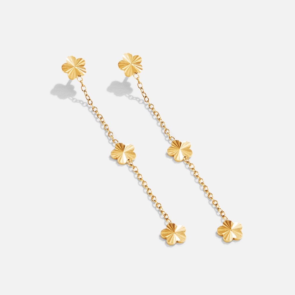 Flower Power Petal Drop Earrings, pair of gold flower-shaped drop earrings on white background