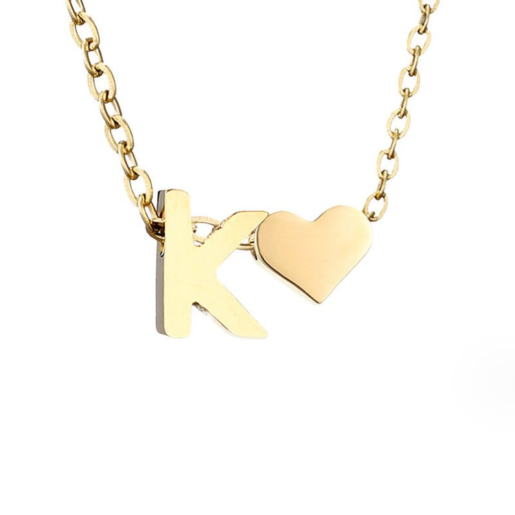 Forever Love & Letter Gold Necklace, close-up of gold chain with a letter K pendant and heart charm
