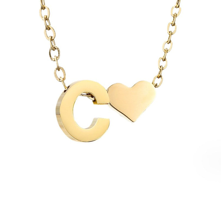 Forever Love & Letter Gold Necklace, gold chain necklace with a letter C charm and heart, on white