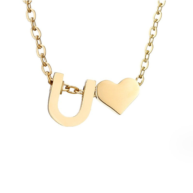 Forever Love & Letter Gold Necklace, close-up of gold chain with a letter U pendant and heart charm