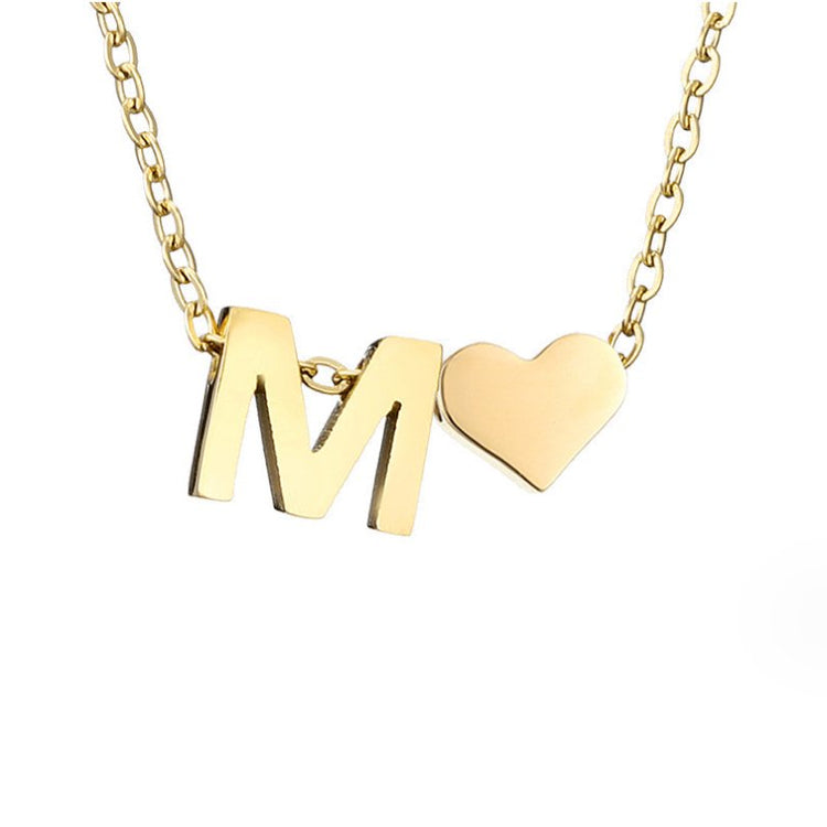 Forever Love & Letter Gold Necklace, gold chain with a letter M pendant beside a small heart