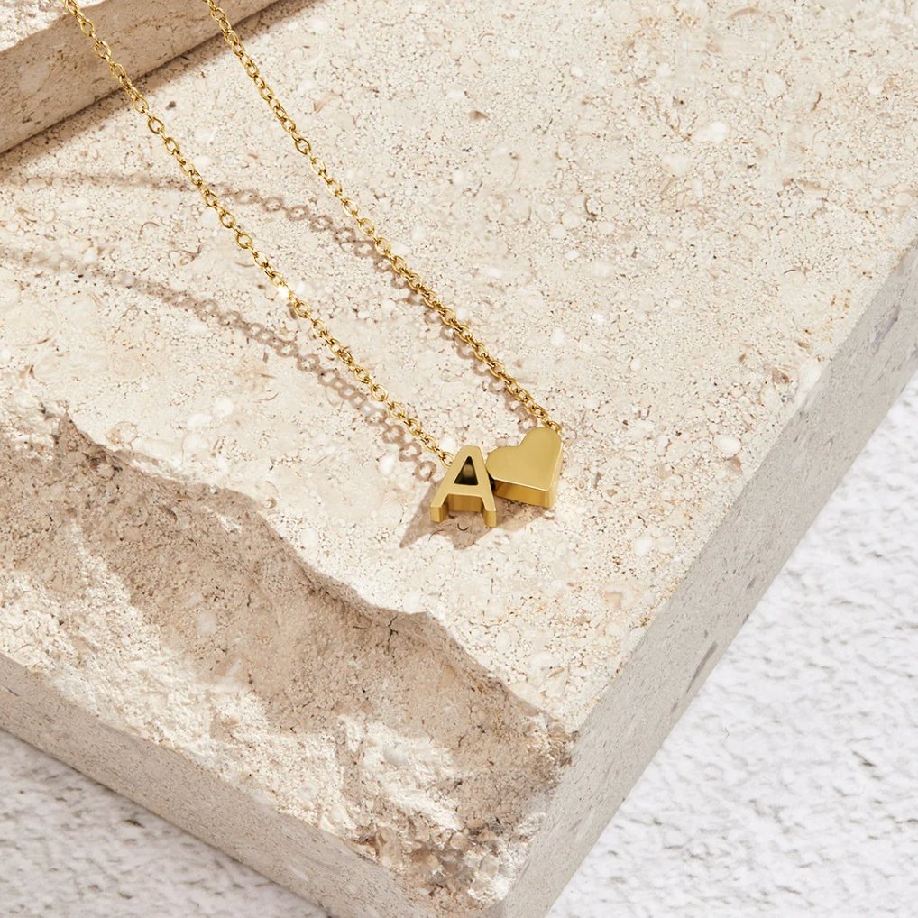 Forever Love & Letter Gold Necklace, gold chain necklace with a letter A and heart pendant on stone