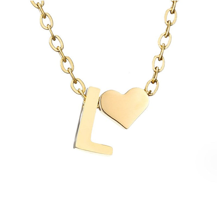 Forever Love & Letter Gold Necklace, close-up of gold chain with letter L and heart pendant