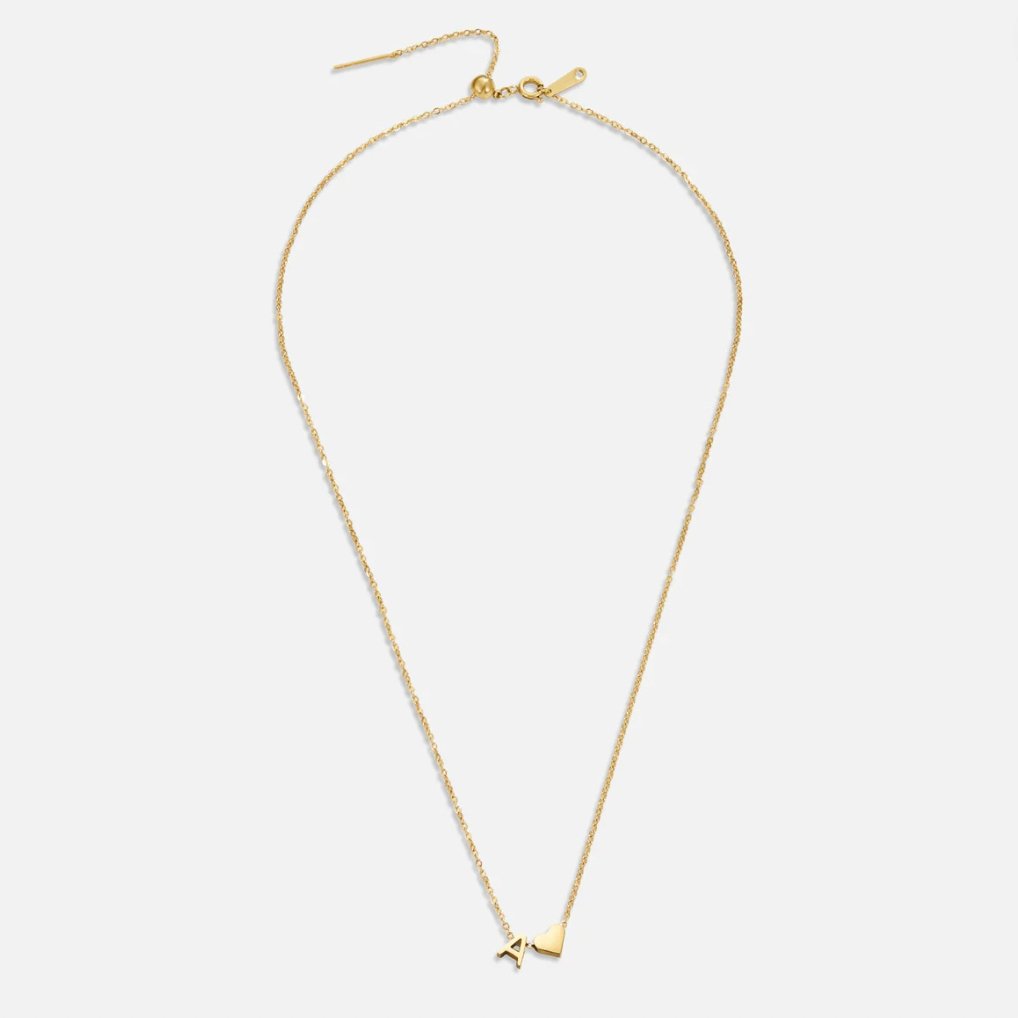 Forever Love & Letter Gold Necklace, laid flat on white, gold chain with a small letter A pendant