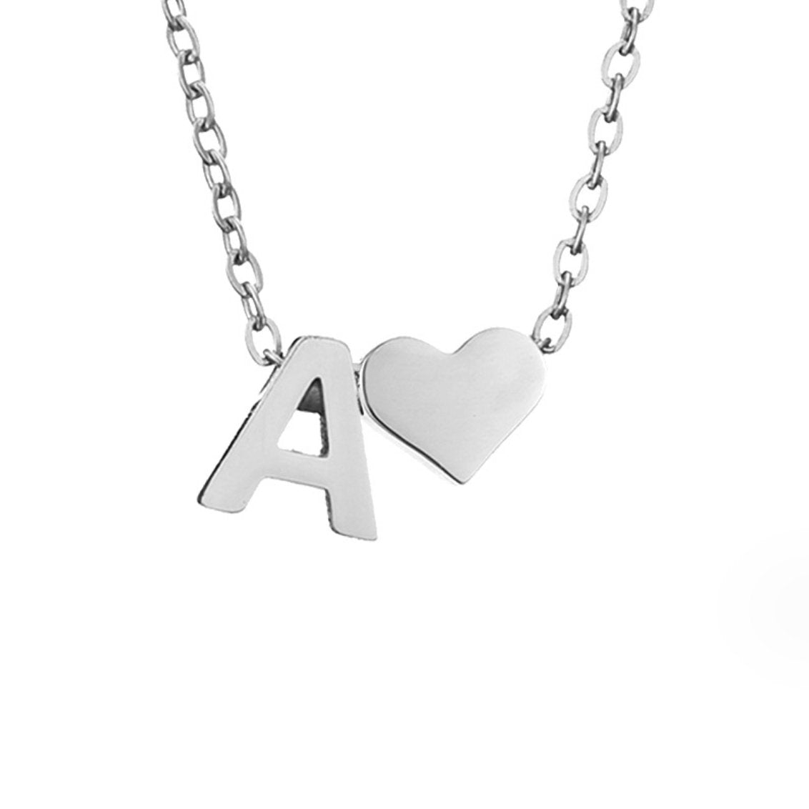 Forever Love & Letter Silver Necklace, close-up of silver letter A and heart pendant on a chain