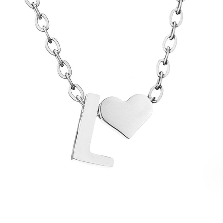 Forever Love & Letter Silver Necklace, close-up of silver chain with letter L and heart pendant