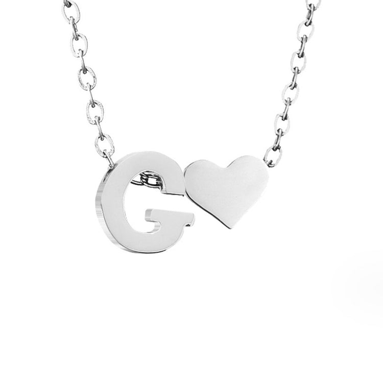 Forever Love & Letter Silver Necklace, close-up of silver chain with a letter G pendant and heart