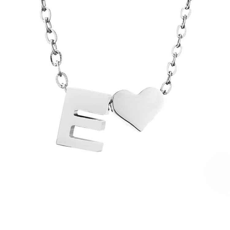 Forever Love & Letter Silver Necklace, close-up of a silver chain with an E letter pendant and heart charm