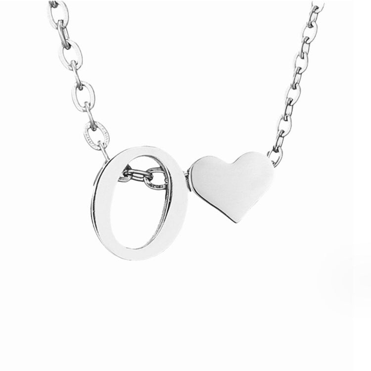 Forever Love & Letter Silver Necklace, close-up of silver chain with letter O and heart