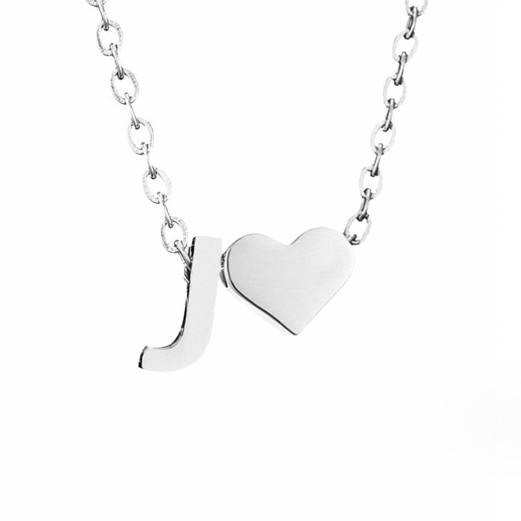 Forever Love & Letter Silver Necklace, close-up of a silver chain with a letter J and heart pendant