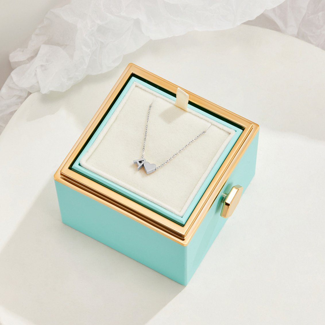 Forever Love & Letter Silver Necklace, necklace with a small silver heart pendant in an open turquoise gift box