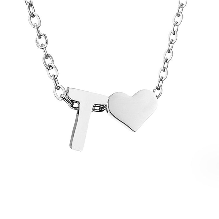 Forever Love & Letter Silver Necklace, close-up of a polished silver letter T and heart pendant on a chain