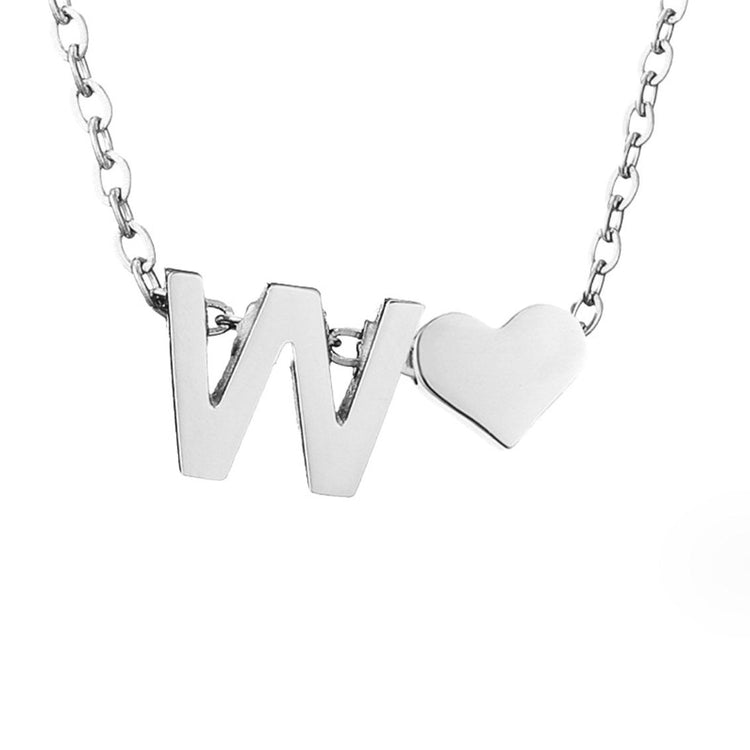 Forever Love & Letter Silver Necklace, close-up on white background of a silver letter W and