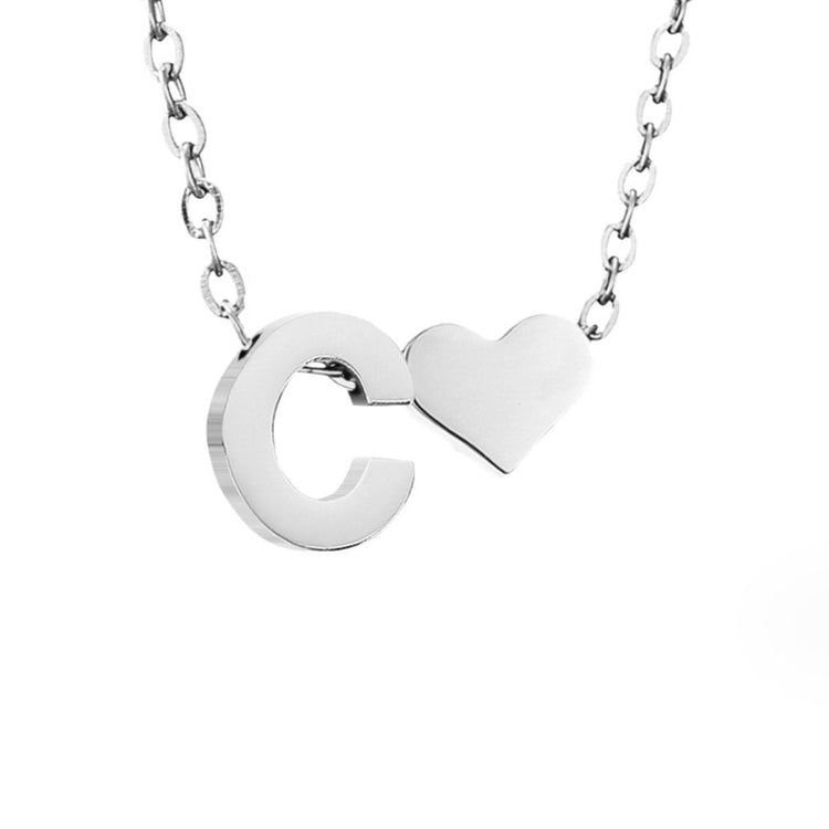 Forever Love & Letter Silver Necklace, silver letter C pendant beside a small heart on a chain