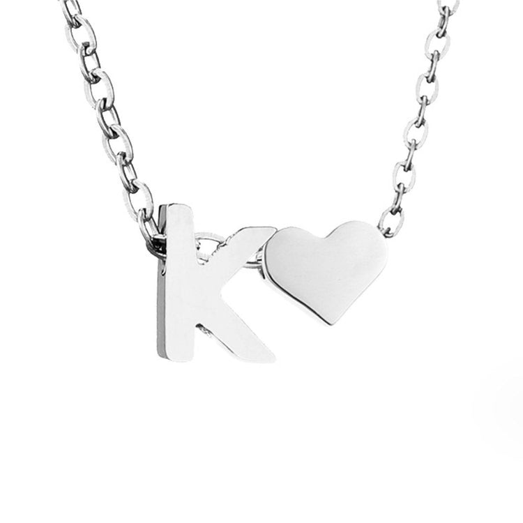 Forever Love & Letter Silver Necklace, close-up of silver chain with letter K and heart pendant