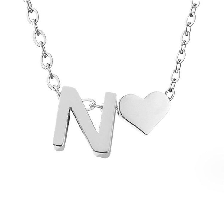 Forever Love & Letter Silver Necklace, close-up of silver chain with letter N and heart pendant