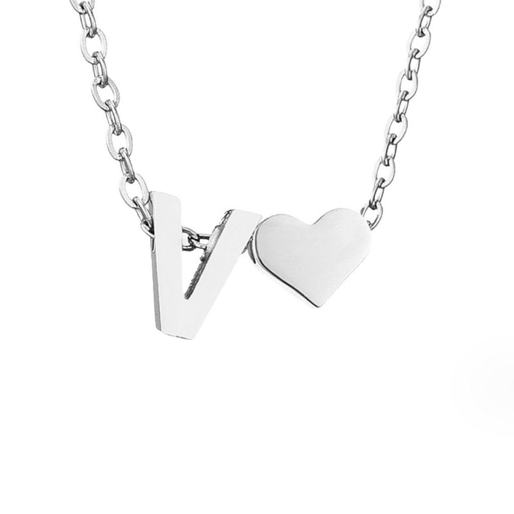 Forever Love & Letter Silver Necklace, close-up of a silver chain with a letter V charm and a heart charm