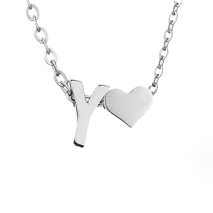 Forever Love & Letter Silver Necklace, silver chain necklace with a Y letter pendant and heart, on white