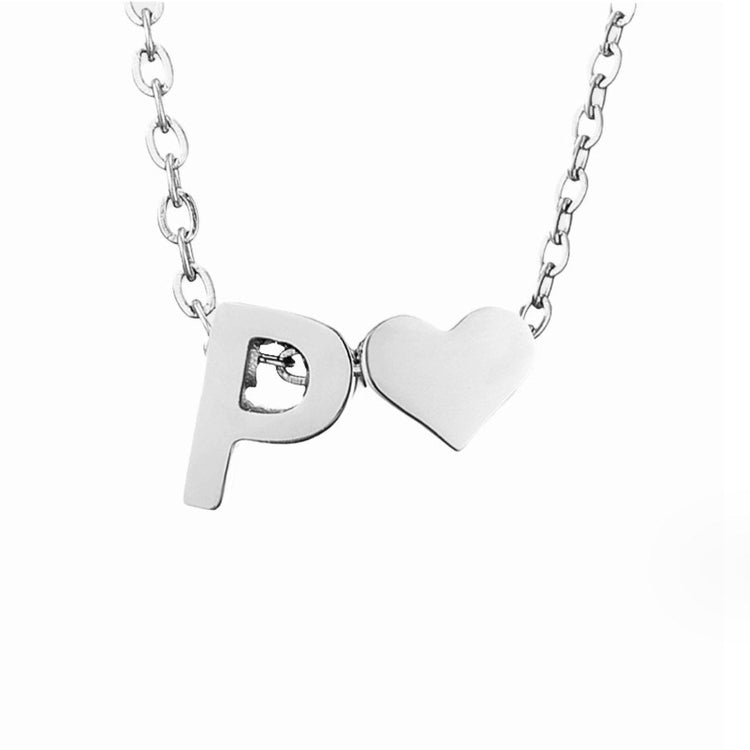 Forever Love & Letter Silver Necklace, close-up of a silver chain with a P letter pendant and heart